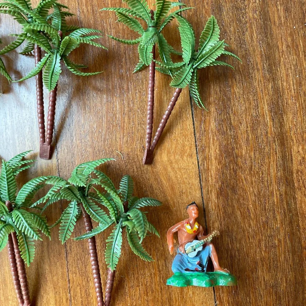 Seven (7) Palm Tree Sets and Hawaiian Ukulele Playing Man Plastic Cake Toppers